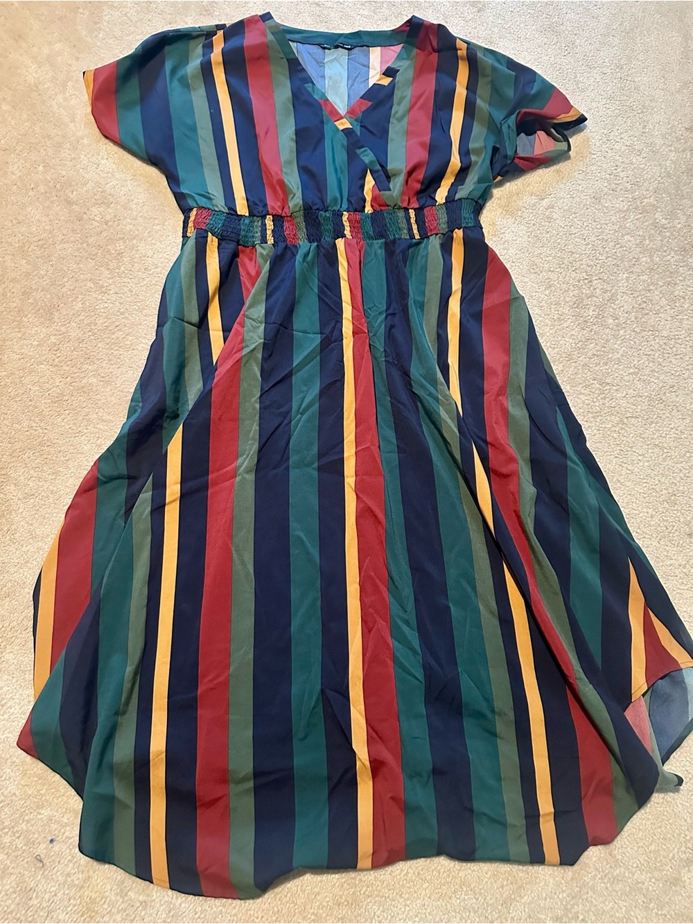BloomChic Multicolor Striped Midi Dress in Red, Green, Navy & Yellow